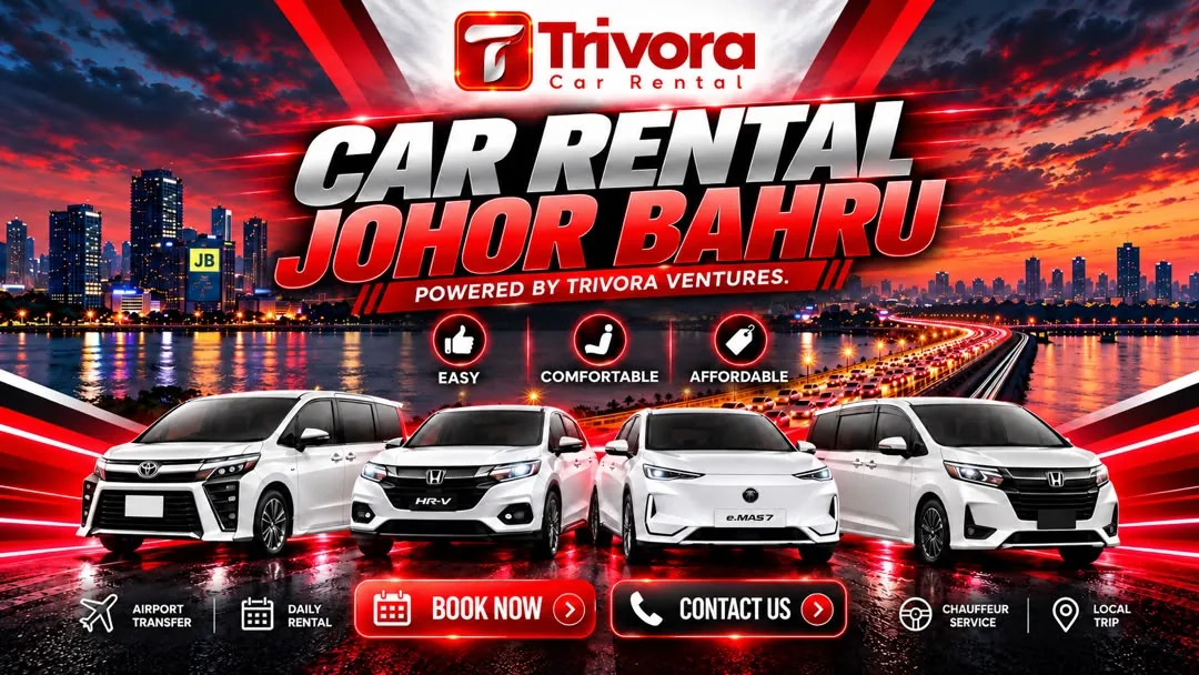 Banner website Trivora Car Rental Johor Bahru dengan branding merah, hitam dan pilihan kereta